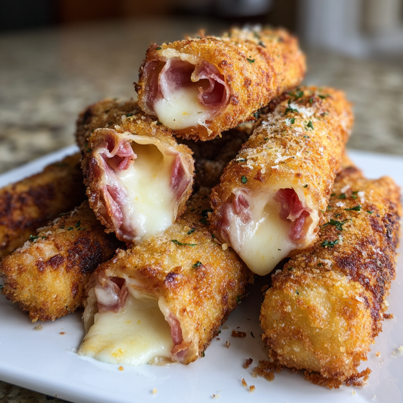 A plate of food with a cheese and ham stuffed bread.