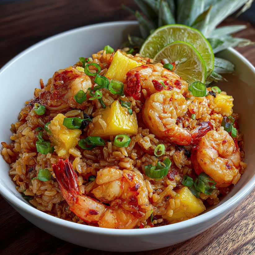 A bowl of shrimp and pineapple fried rice.