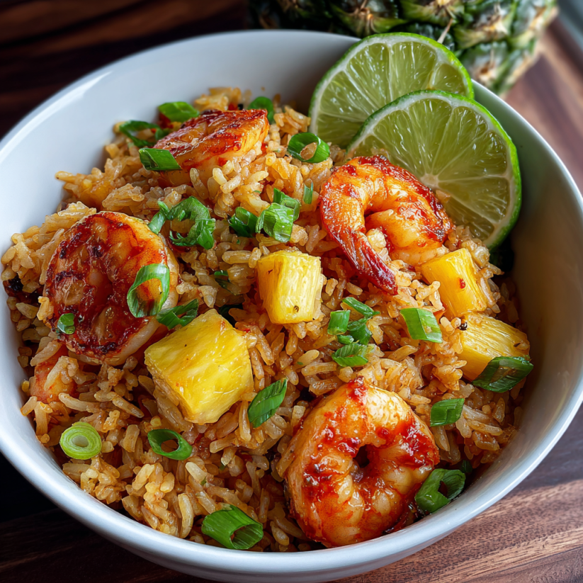 A bowl of shrimp and pineapple fried rice.