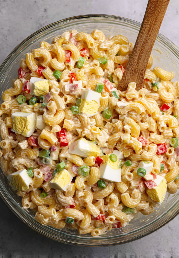 A bowl of macaroni salad with cheese and vegetables.