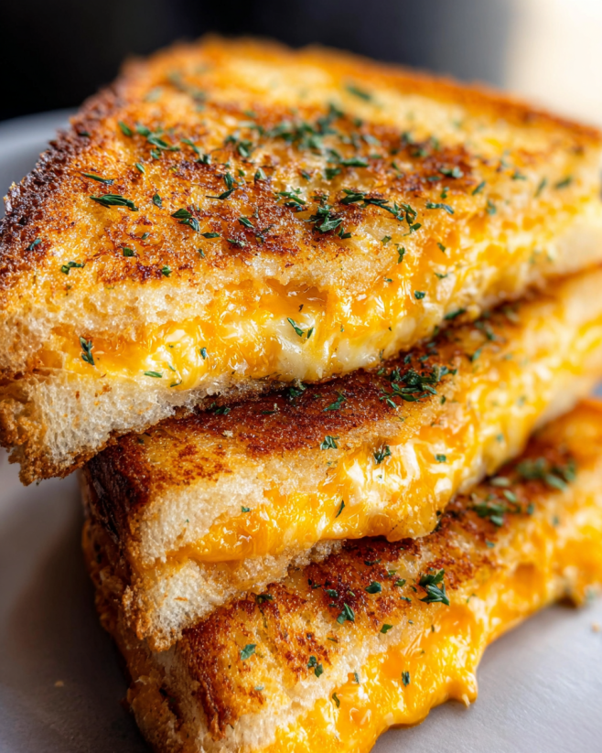 A stack of grilled cheese sandwiches with garlic bread.