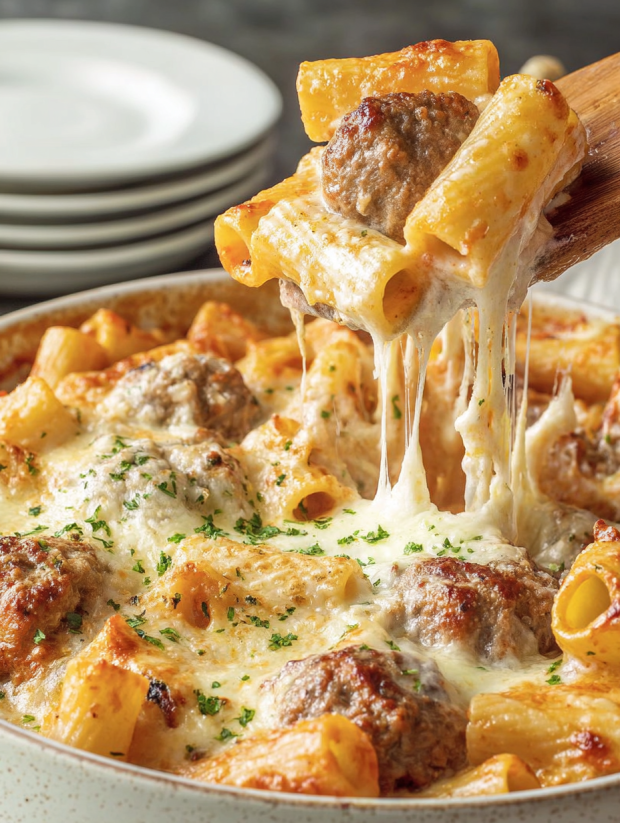 A close up of a delicious looking baked ziti.