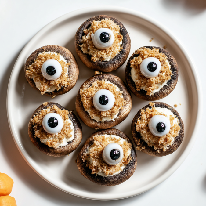 A plate of mushrooms with eyes on them.