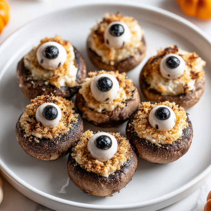 A plate of mushrooms with black eyes.