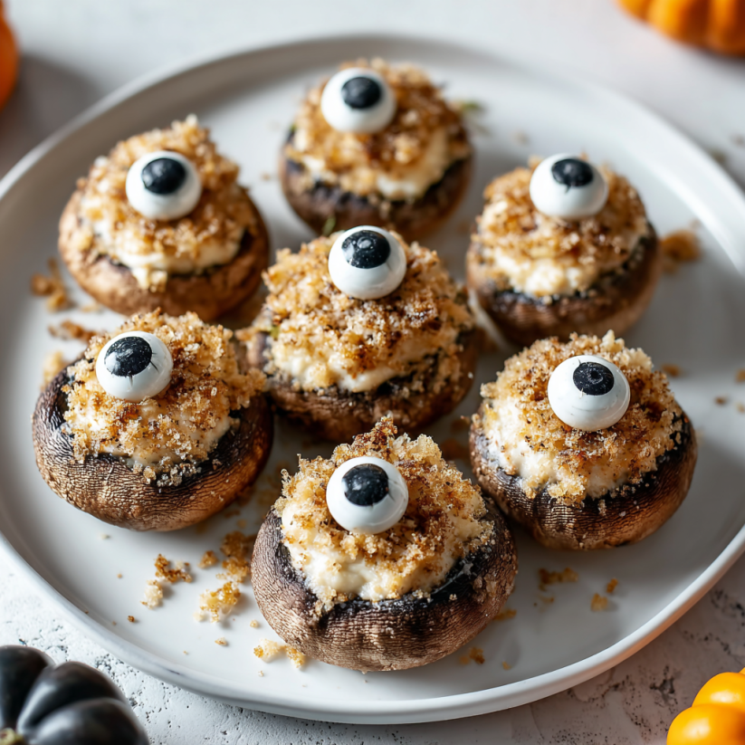 A plate of mushrooms with black eyes.