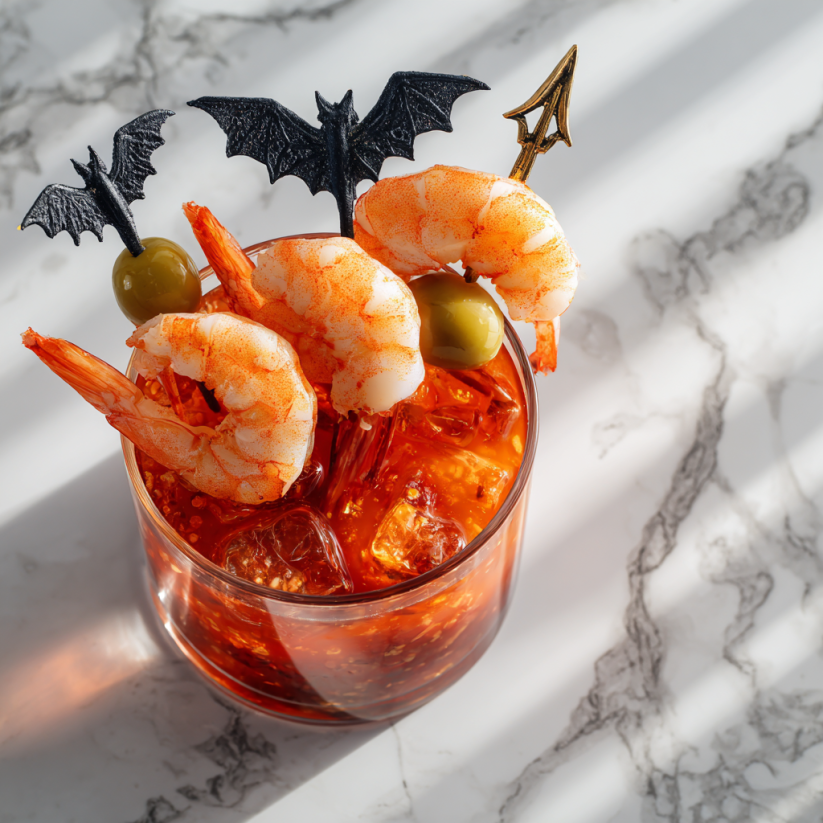 A Bloody Mary Shrimp Cocktail with a bat and a bat shaped olive.