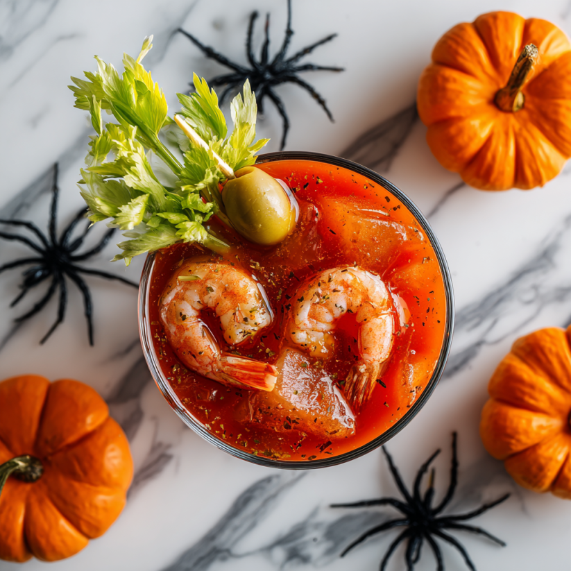 A Bloody Mary Shrimp Cocktail with a garnish of a green olive and a pumpkin.