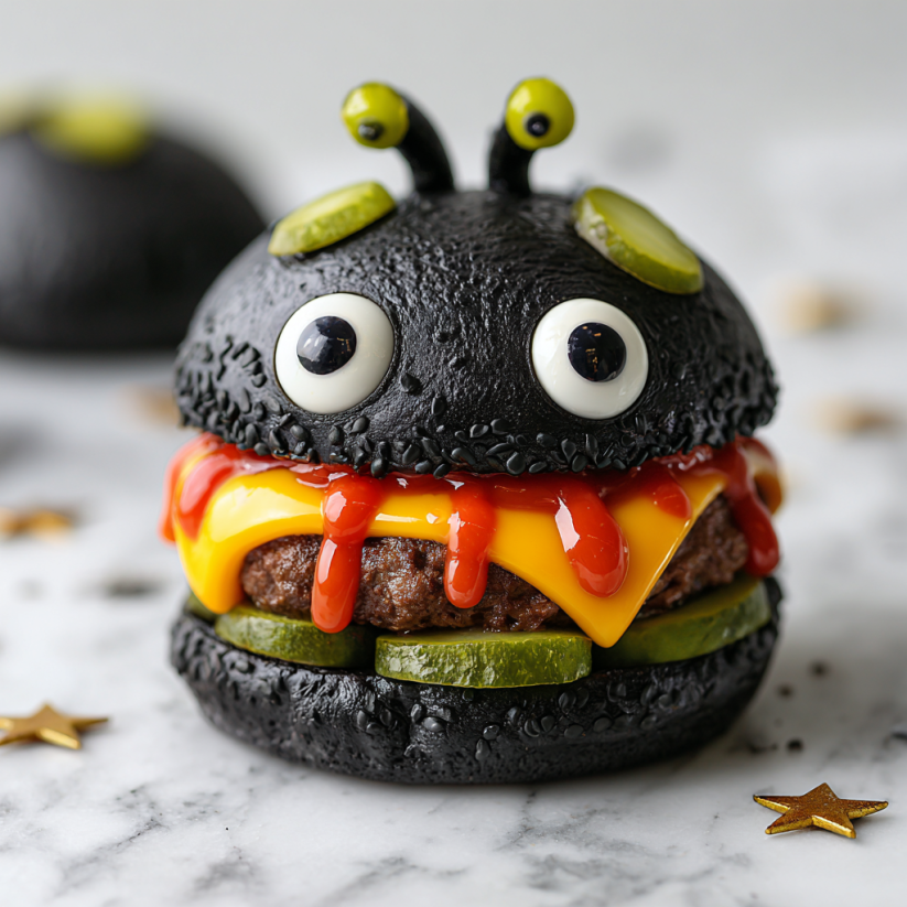 A black monster burger with a slice of pickle on top.
