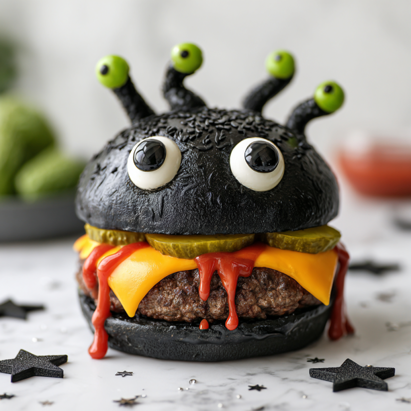 A black monster burger with green eyes and red sauce.