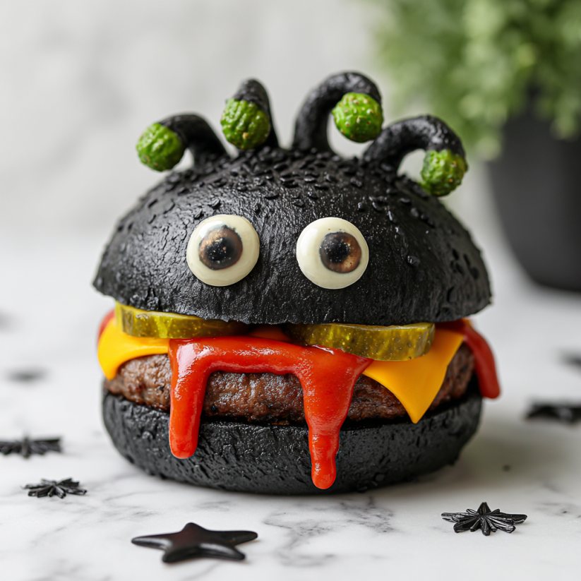 A black monster burger with a red tongue.