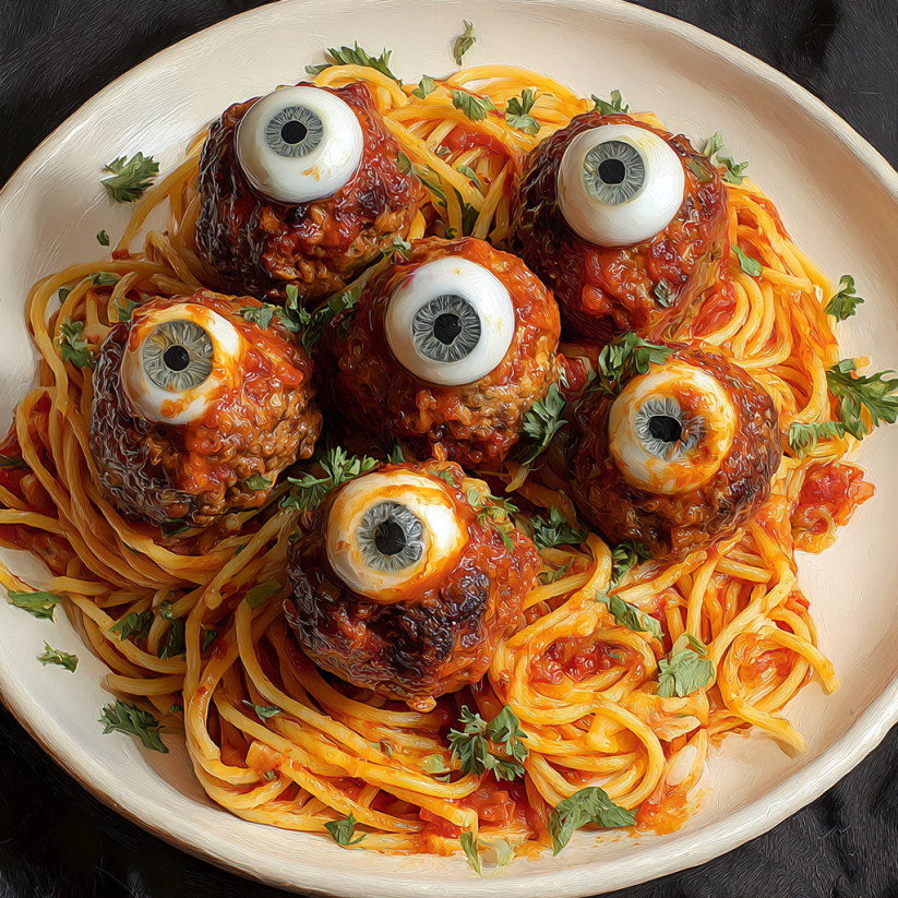 A plate of meatballs with mozzarella eyes.
