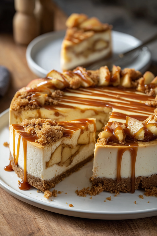 A slice of cheesecake with caramel drizzled on top.