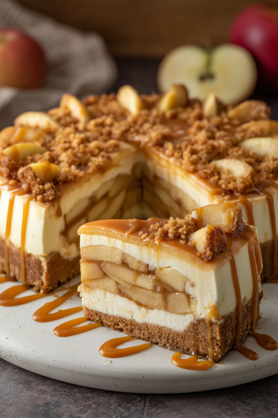 A slice of cheesecake with caramel drizzled on top.