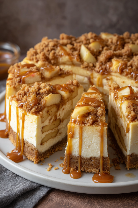A slice of caramel apple pie cheesecake.