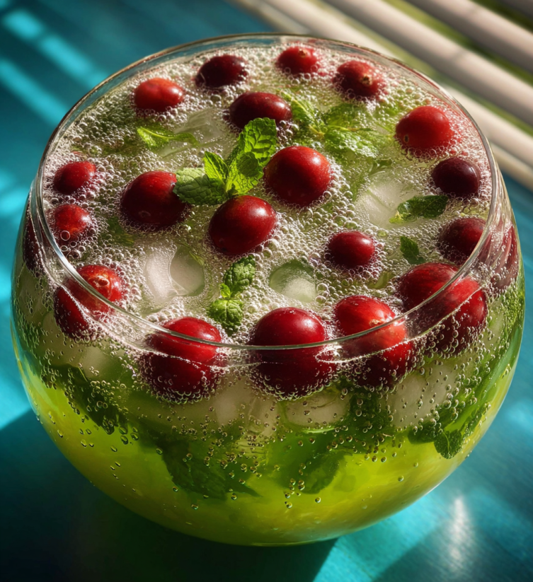 A glass of Grinch Punch with a green drink and red fruit.