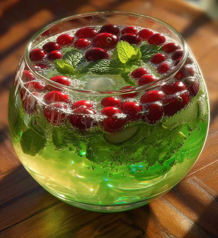 A green bowl filled with a drink and red berries.