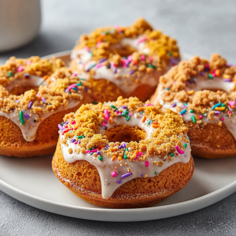 A plate of donuts with sprinkles and frosting.