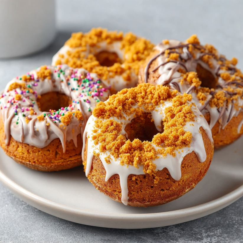 Three donuts with orange icing and sprinkles.