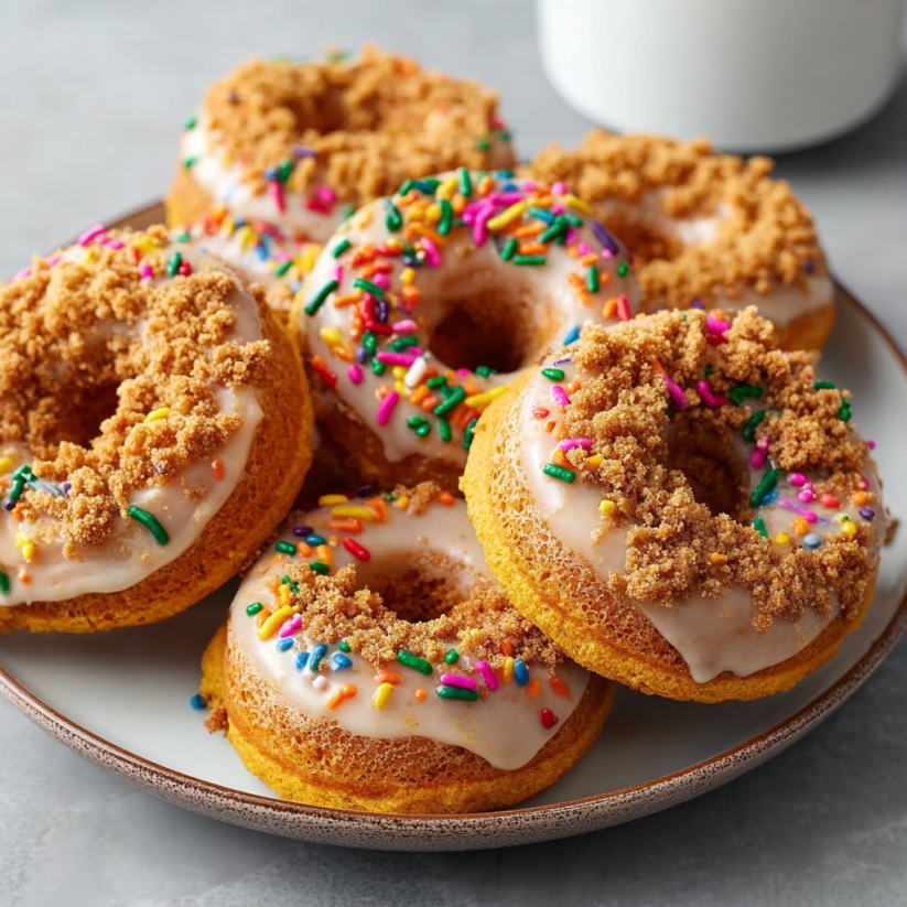 A plate of donuts with sprinkles on top.