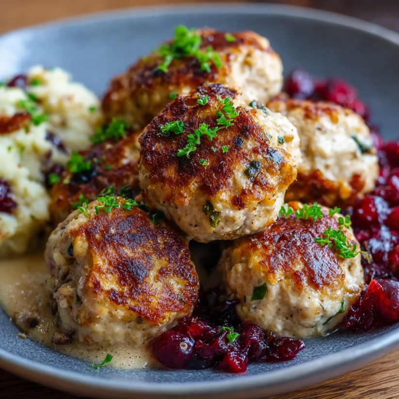 A plate of cranberry turkey stuffing balls.