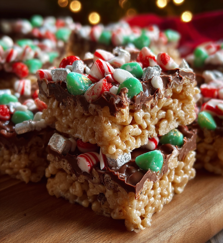 A close up of a candy bar with Christmas colors.