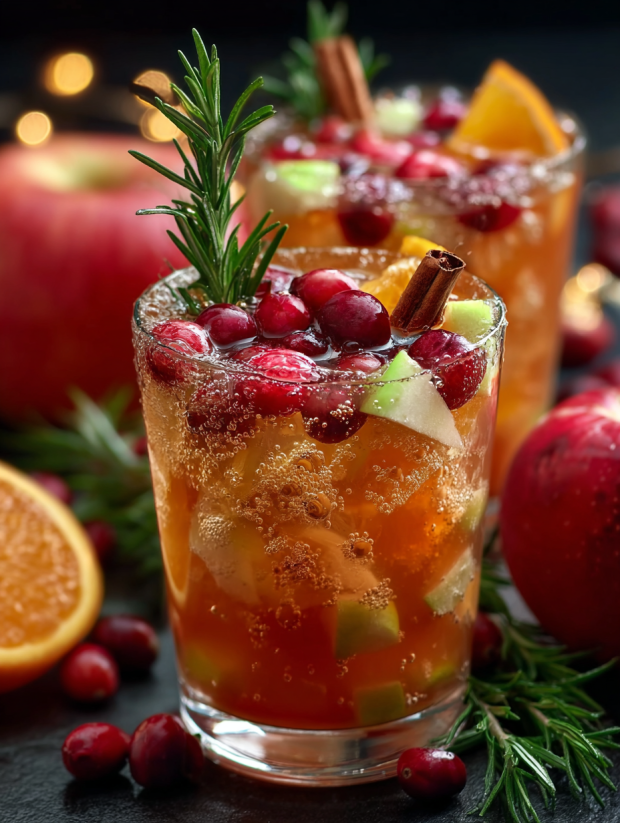 A glass of Thanksgiving punch with a cranberry and orange garnish.