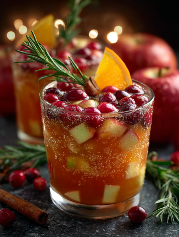 A glass of fruit punch with a cranberry garnish.