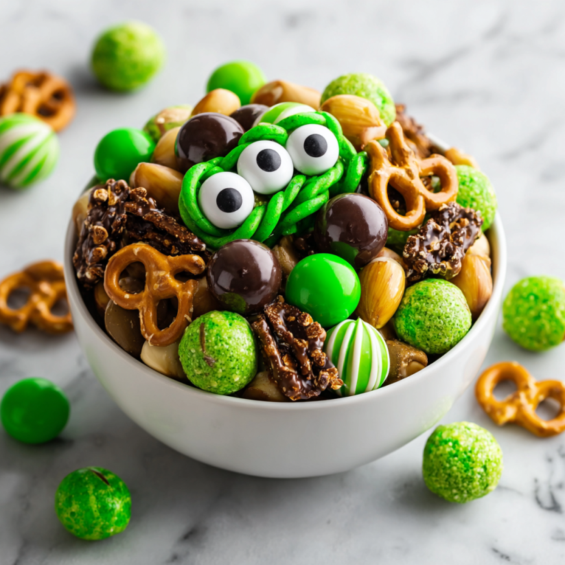A bowl of Frankenstein's Monster Trail Mix.