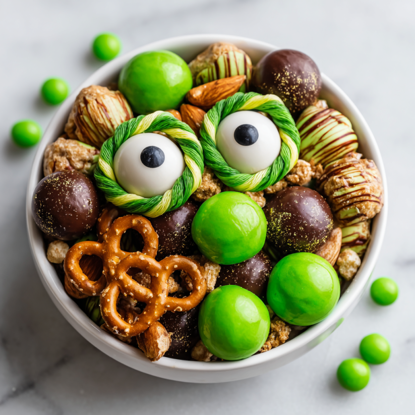 A bowl of Frankenstein's Monster Trail Mix.