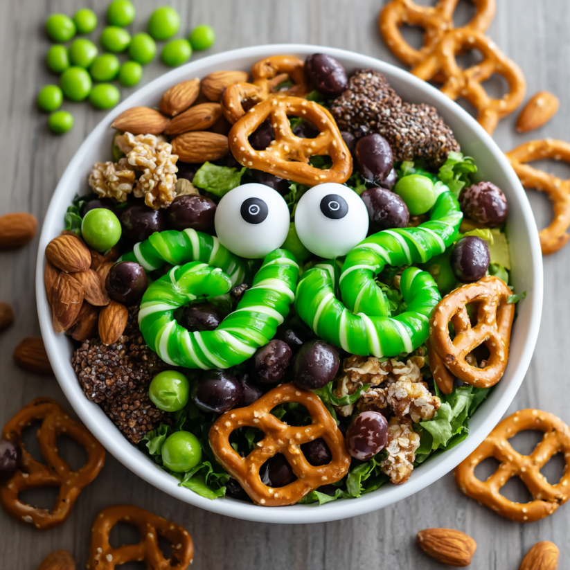 A bowl of Frankenstein's Monster Trail Mix.