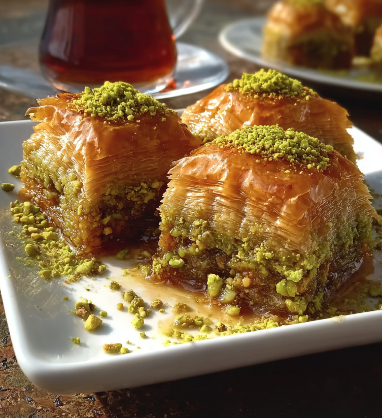 A plate of Baklava with green toppings.