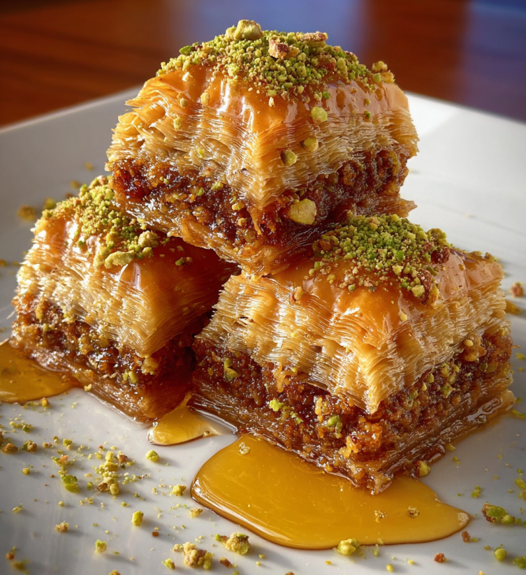 A stack of baklava on a plate.