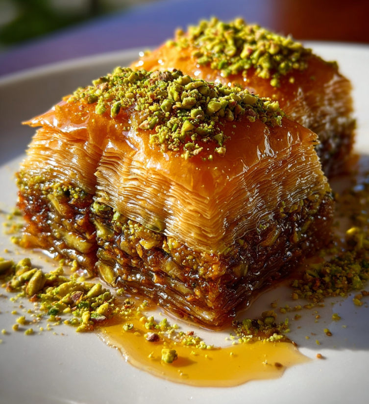 A plate of baklava with a drizzle of honey on top.