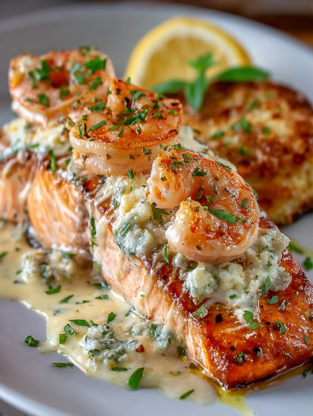 A plate of food with shrimp and crab on top of it.