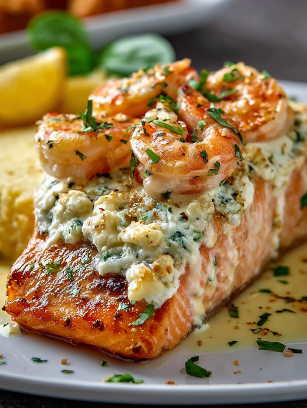 A piece of salmon with crab and shrimp stuffing.