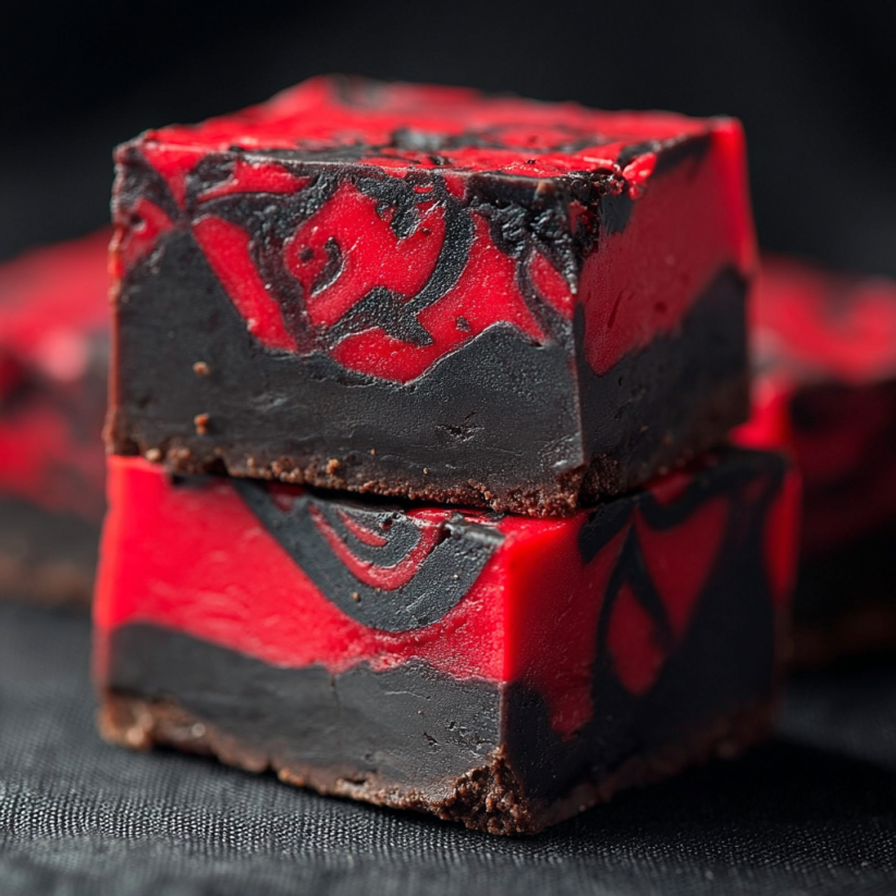 A piece of red and black fudge with a design of a vampire.