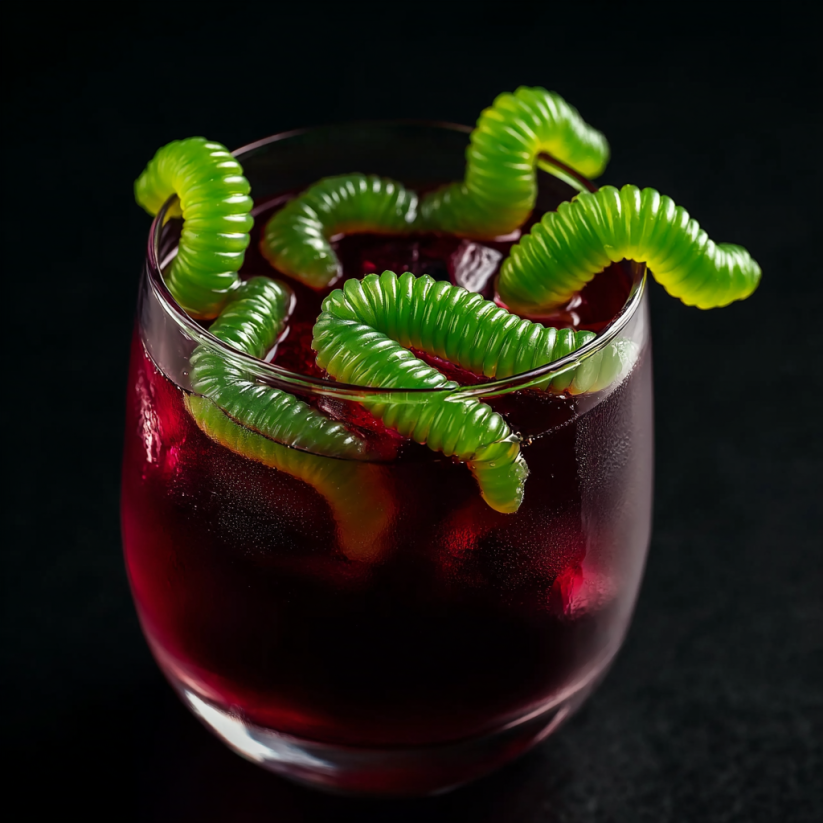 A glass of red liquid with green worms in it.