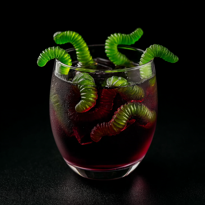 A glass of red liquid with green worms in it.