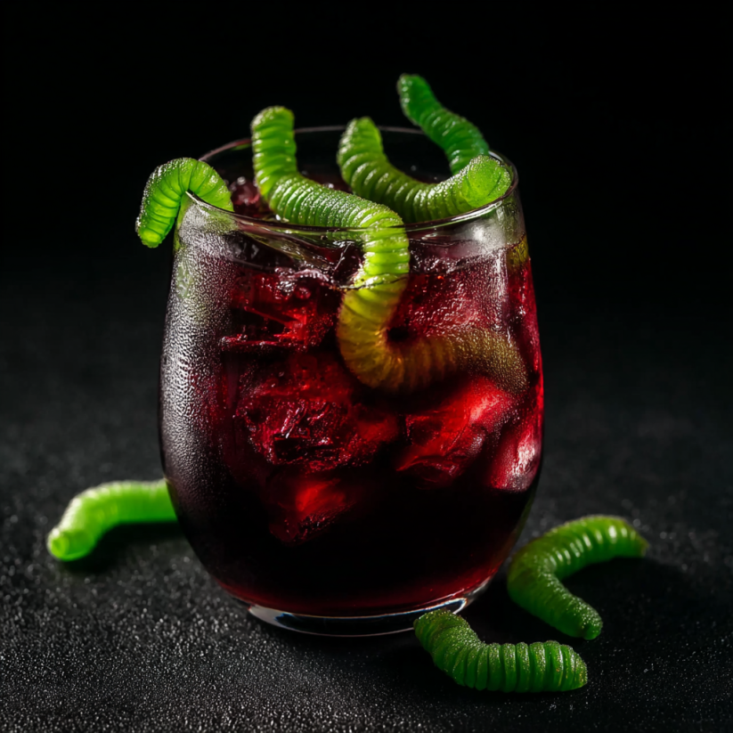 A glass of red liquid with green worms in it.