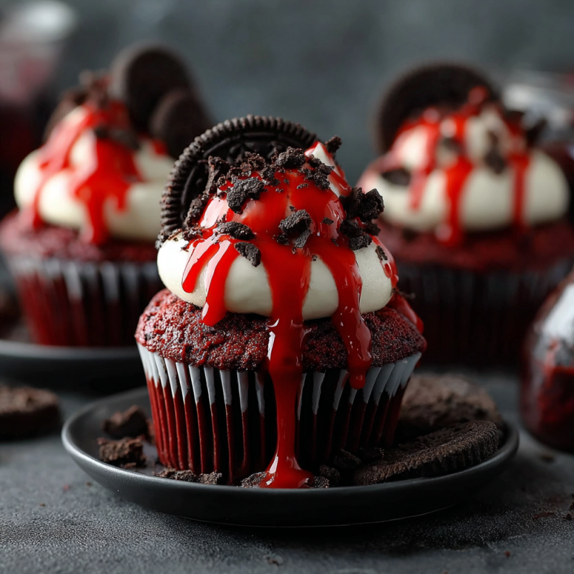 A cupcake with a red frosting and a chocolate chip on top.