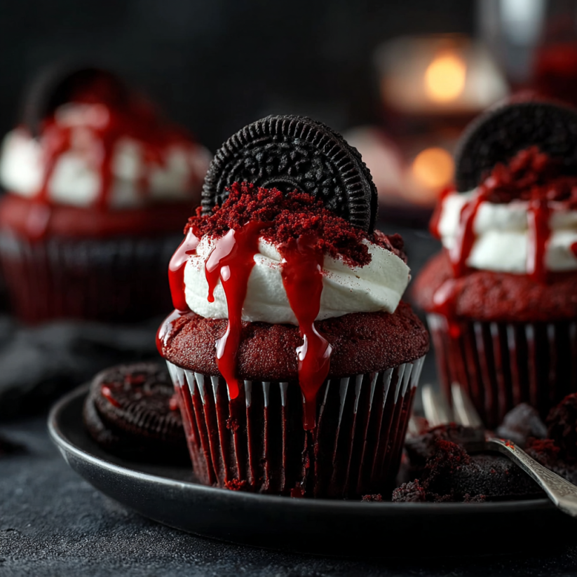 Red cupcakes with white frosting and chocolate chips and drizzled with red icing.