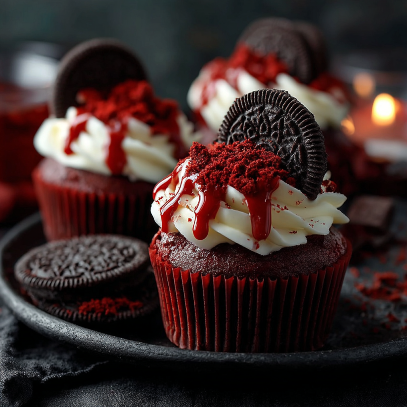 Red cupcakes with white frosting and chocolate chips, drizzled with red icing and topped with a chocolate chip.