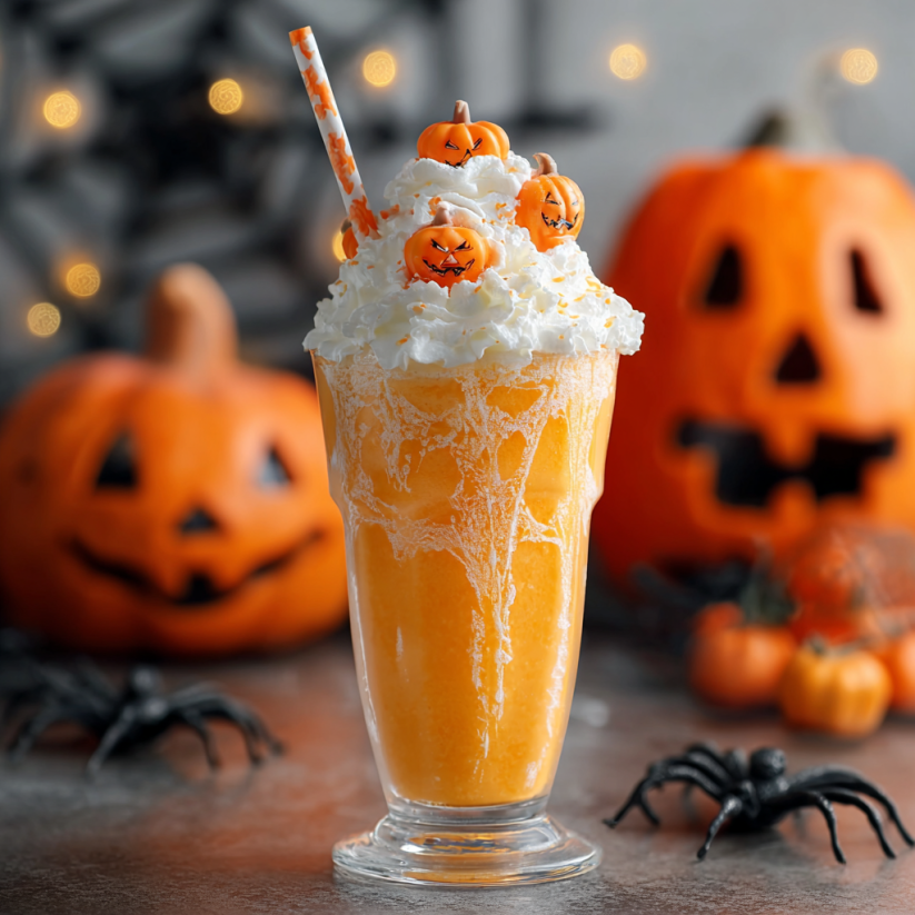 A glass of orange creamsicle milkshake with a pumpkin on the side.
