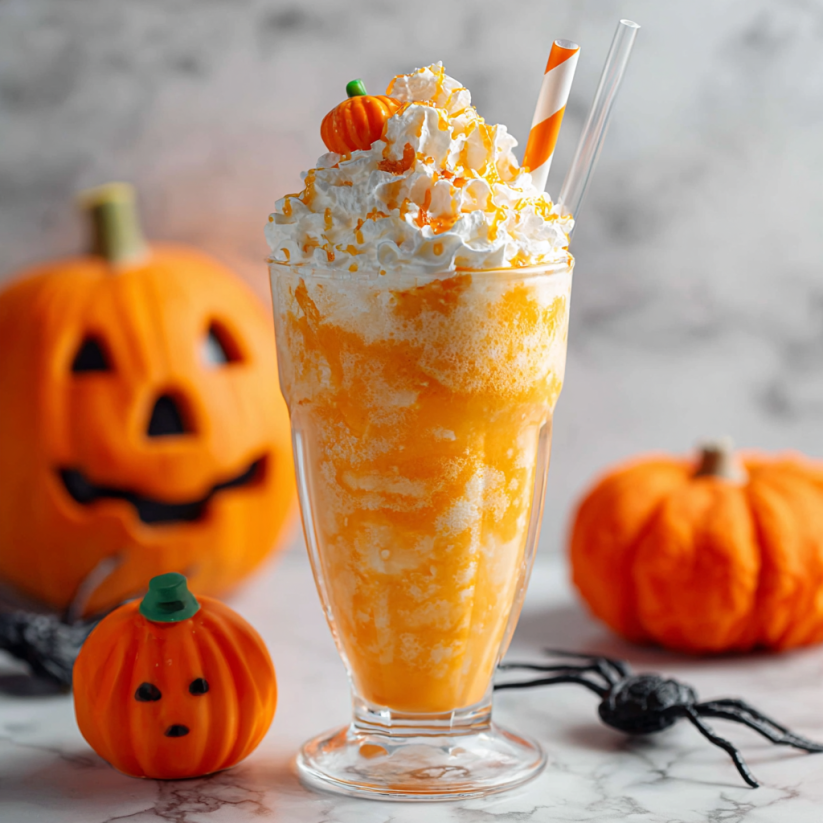 A glass of orange creamsicle milkshake with a pumpkin on the side.