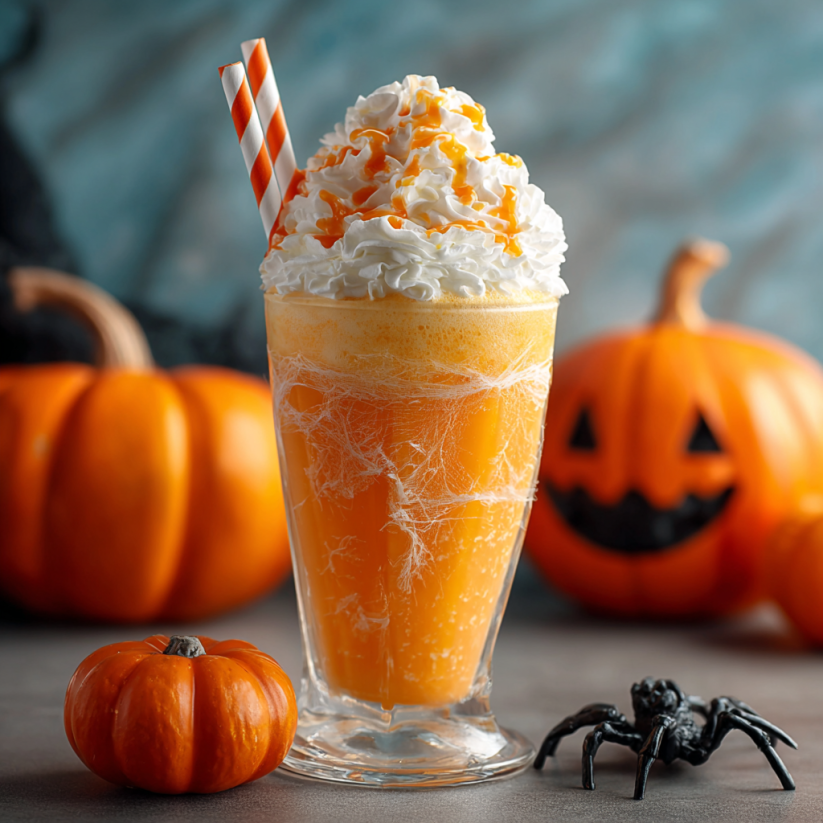 A glass of orange creamsicle milkshake with a spider on the table.