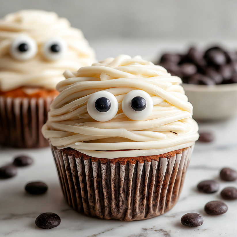 Two cupcakes with eyes made of spaghetti.