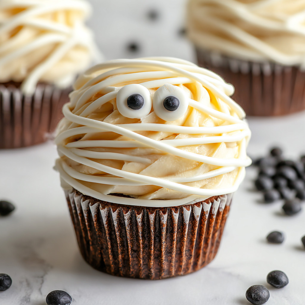 Mummy cupcakes with white frosting and black eyes.