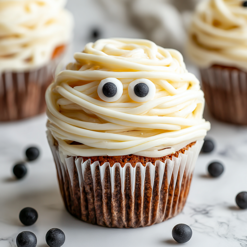 Mummy cupcakes with eyes made of frosting.