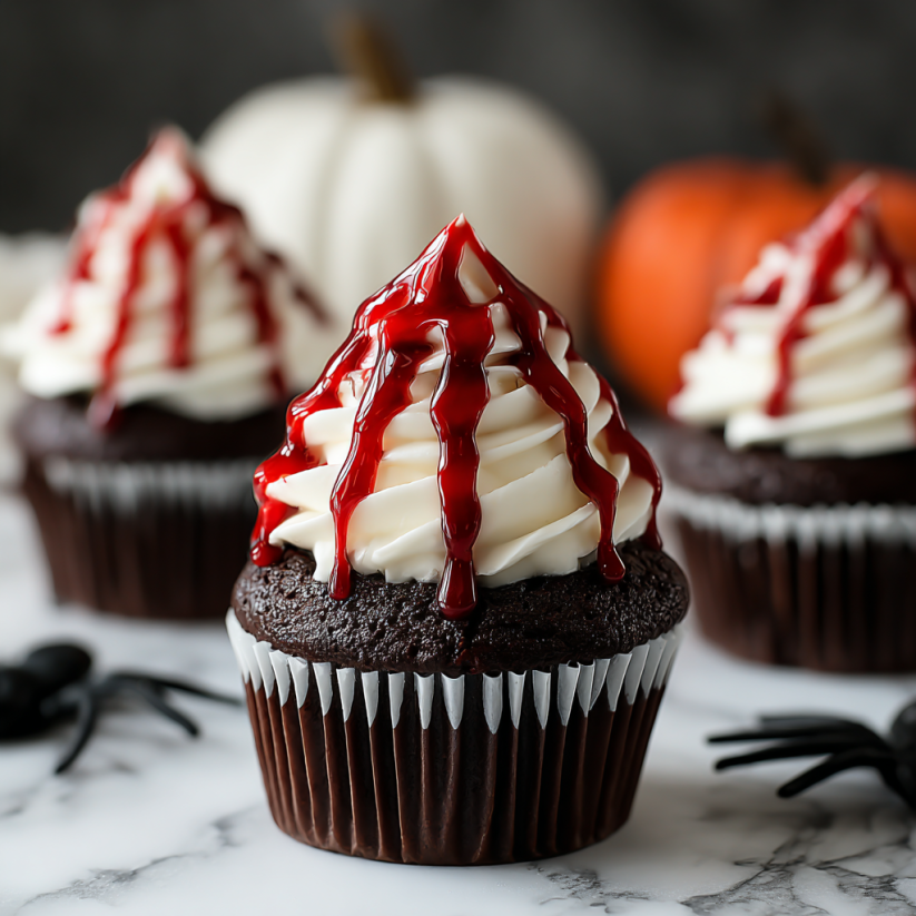 Cupcakes with red frosting and white icing, decorated to look like vampire bites.