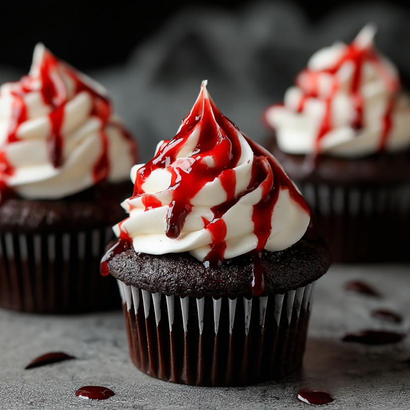 A cupcake with red frosting and white frosting.